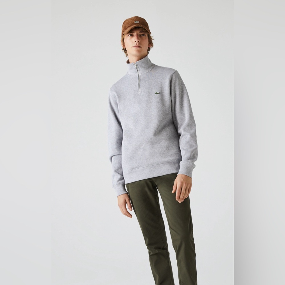 LACOSTE GREY COTTON ZIP NECK SWEATER Size XL
